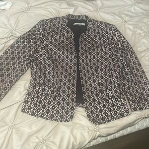 Kasper Jacket Black Blush Pink & Black Blazer Open Front Floral Geometric Sz 10p